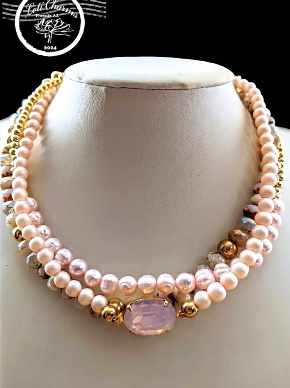 Pink Opaline, Pink Frost & Natural Pink Pearls & Glass In Three Strand Necklace
